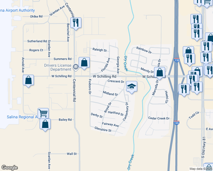 map of restaurants, bars, coffee shops, grocery stores, and more near 1309 Crescent Drive in Salina