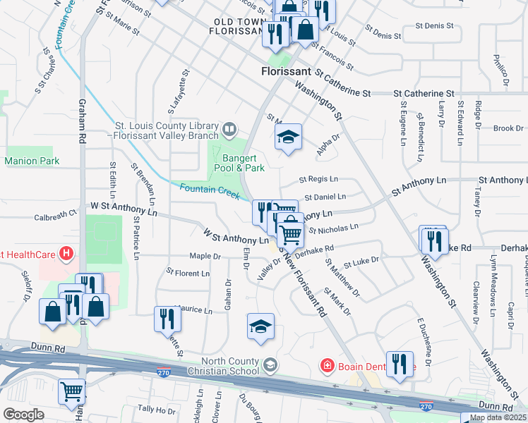 map of restaurants, bars, coffee shops, grocery stores, and more near 570 South New Florissant Road in Florissant