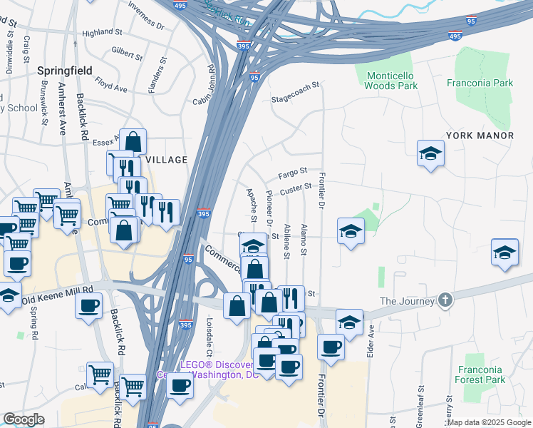 map of restaurants, bars, coffee shops, grocery stores, and more near 6212 Pioneer Drive in Springfield