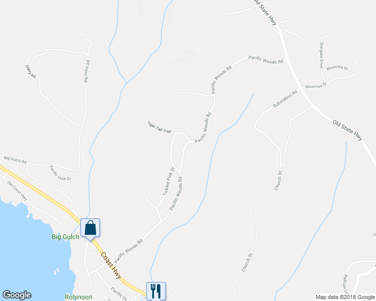 map of restaurants, bars, coffee shops, grocery stores, and more near 46051 Pacific Woods Road in Gualala