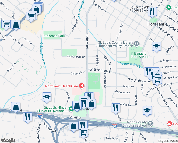 map of restaurants, bars, coffee shops, grocery stores, and more near 900 Graham Road in Florissant