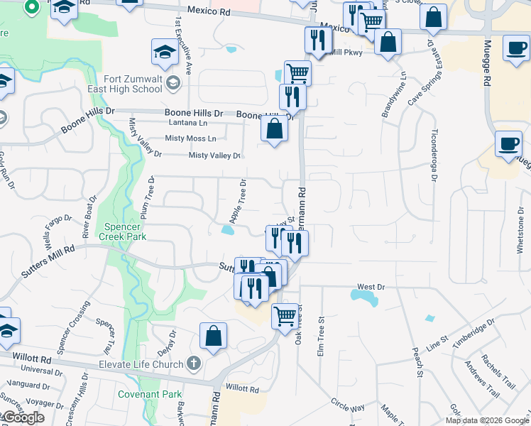 map of restaurants, bars, coffee shops, grocery stores, and more near 13 Apple Tree Court in Saint Peters