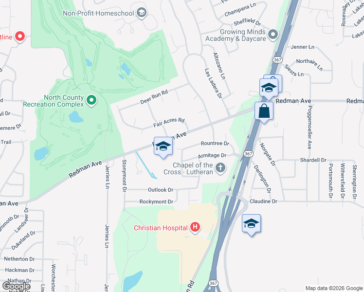 map of restaurants, bars, coffee shops, grocery stores, and more near 2229 Rountree Drive in St. Louis