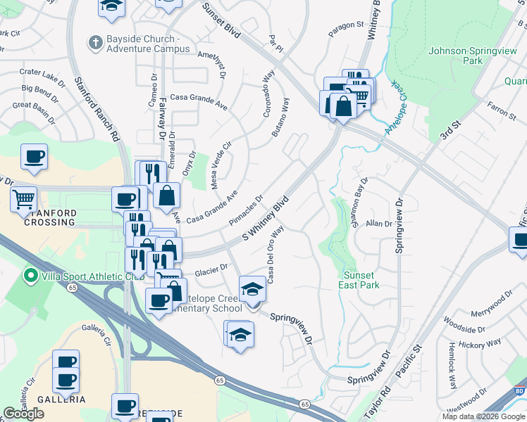map of restaurants, bars, coffee shops, grocery stores, and more near 2605 South Whitney Boulevard in Rocklin