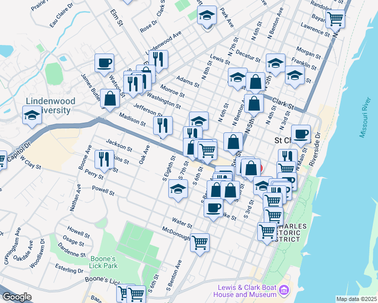 map of restaurants, bars, coffee shops, grocery stores, and more near 700 1st Capitol Drive in Saint Charles
