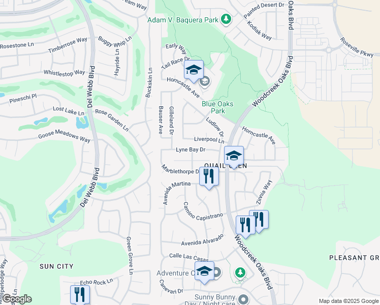 map of restaurants, bars, coffee shops, grocery stores, and more near 7029 Silverfield Way in Roseville