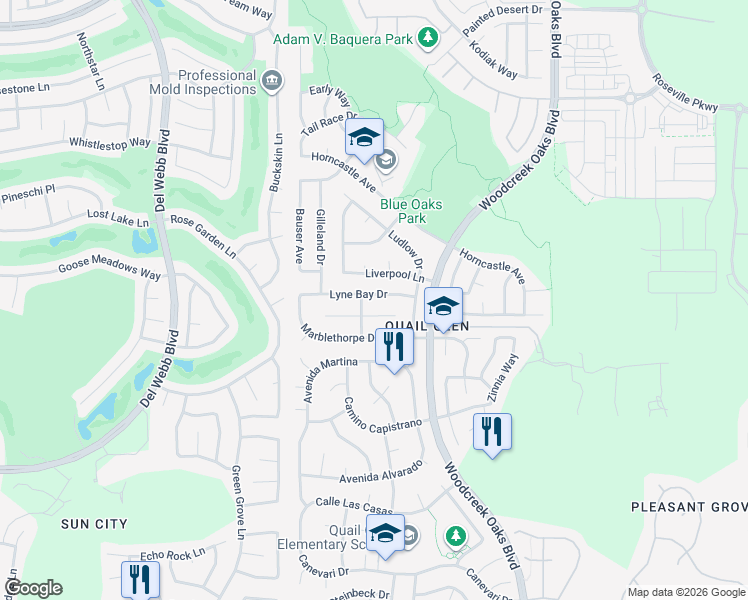 map of restaurants, bars, coffee shops, grocery stores, and more near 7175 Lyne Bay Drive in Roseville
