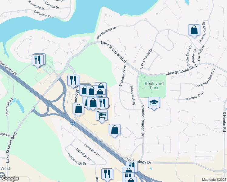 map of restaurants, bars, coffee shops, grocery stores, and more near 3 Muirkirk Court in Lake Saint Louis