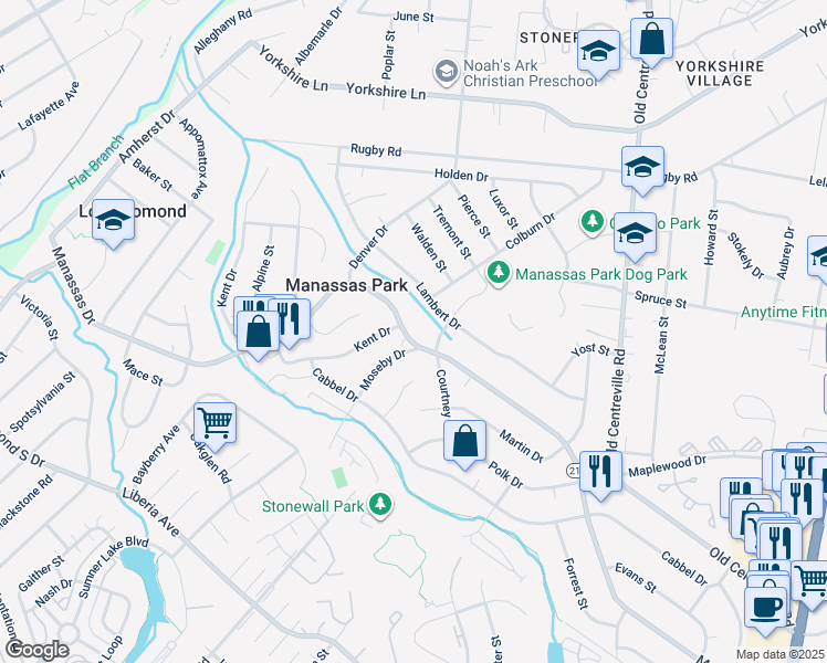 map of restaurants, bars, coffee shops, grocery stores, and more near 264 Manassas Drive in Manassas Park