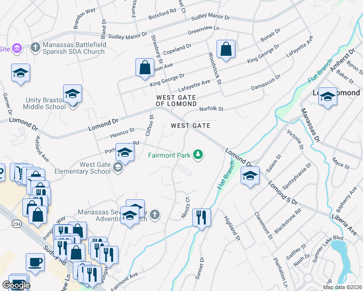 map of restaurants, bars, coffee shops, grocery stores, and more near 9796 Fairmont Avenue in Manassas