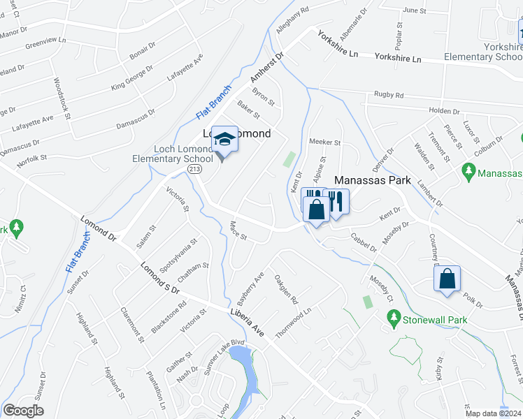 map of restaurants, bars, coffee shops, grocery stores, and more near 105 Sheldon Street in Manassas Park