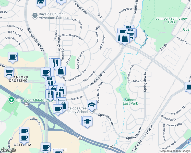 map of restaurants, bars, coffee shops, grocery stores, and more near 2605 South Whitney Boulevard in Rocklin