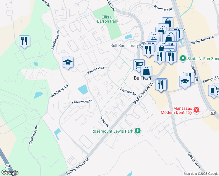 map of restaurants, bars, coffee shops, grocery stores, and more near 11000 Kinship Court in Manassas