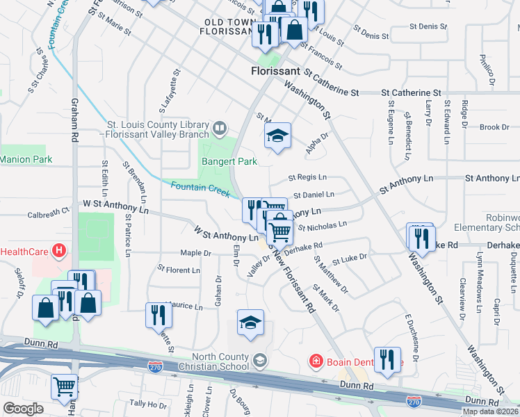 map of restaurants, bars, coffee shops, grocery stores, and more near 570 South New Florissant Road in Florissant
