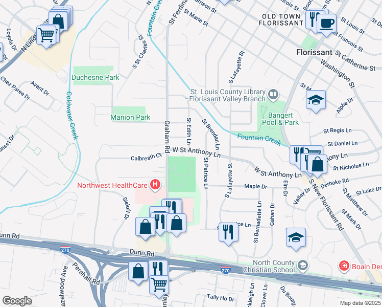 map of restaurants, bars, coffee shops, grocery stores, and more near 90 West Saint Anthony Lane in Florissant