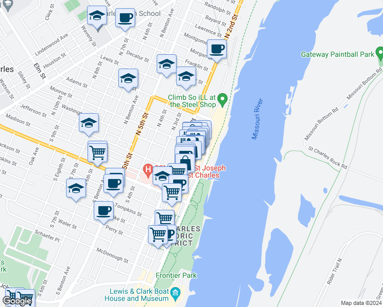 map of restaurants, bars, coffee shops, grocery stores, and more near in Saint Charles