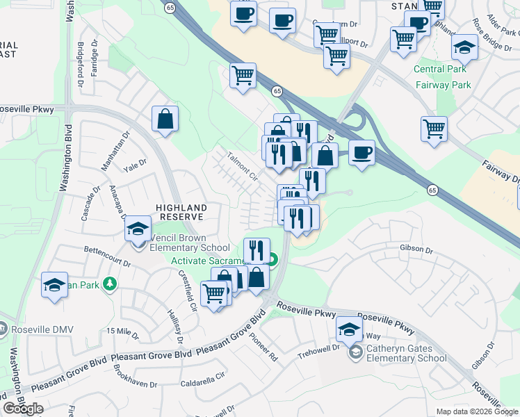 map of restaurants, bars, coffee shops, grocery stores, and more near 37 Villa Gardens Court in Roseville