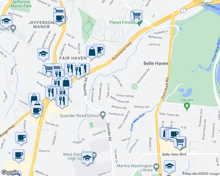 map of restaurants, bars, coffee shops, grocery stores, and more near 6211 Tally Ho Lane in Alexandria