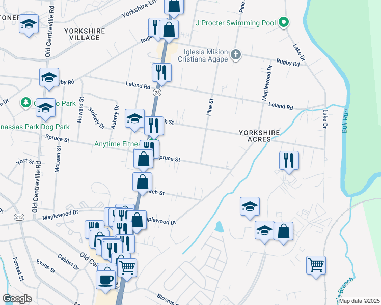 map of restaurants, bars, coffee shops, grocery stores, and more near 8204 Spruce Street in Manassas