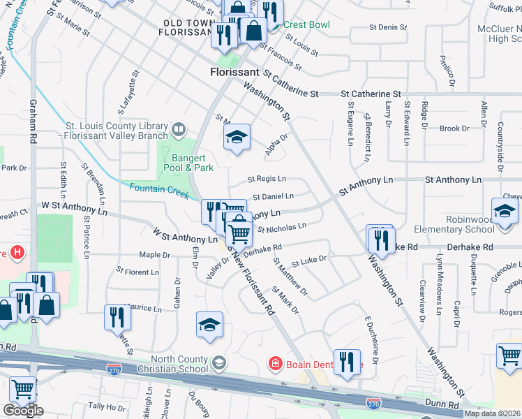 map of restaurants, bars, coffee shops, grocery stores, and more near 135 Saint Anthony Lane in Florissant