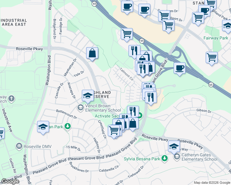 map of restaurants, bars, coffee shops, grocery stores, and more near 172 Clydesdale Way in Roseville