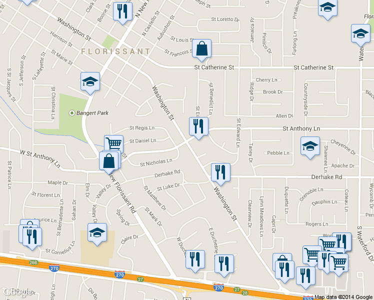 map of restaurants, bars, coffee shops, grocery stores, and more near 1750 Washington Street in Florissant