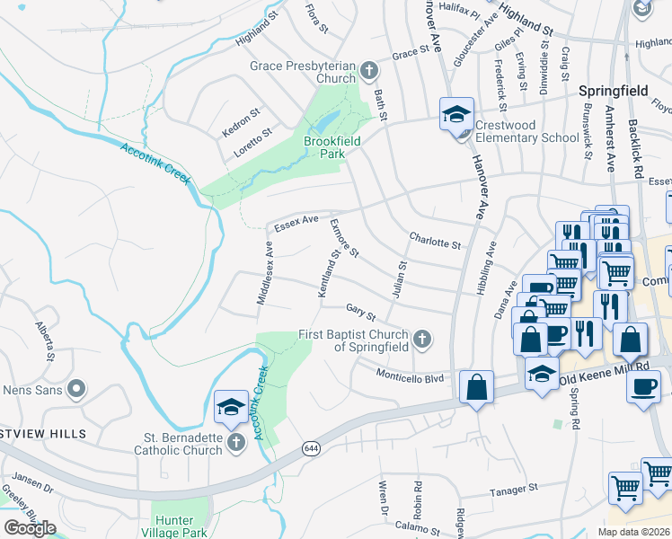 map of restaurants, bars, coffee shops, grocery stores, and more near 6207 Kentland Street in Springfield