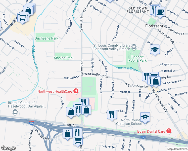 map of restaurants, bars, coffee shops, grocery stores, and more near 90 West Saint Anthony Lane in Florissant