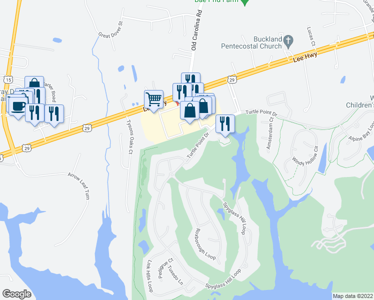 map of restaurants, bars, coffee shops, grocery stores, and more near 15634 Turtle Point Drive in Gainesville