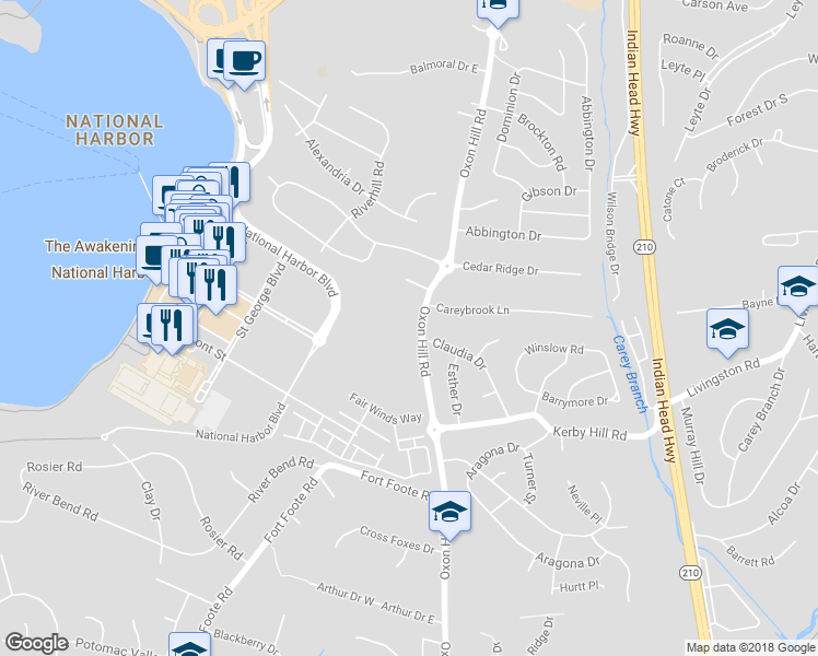 map of restaurants, bars, coffee shops, grocery stores, and more near 7801 Oxon Hill Road in Oxon Hill