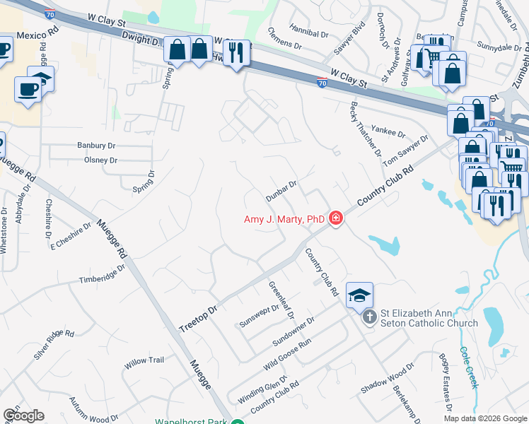 map of restaurants, bars, coffee shops, grocery stores, and more near 2931 Kandahar Drive in Saint Charles