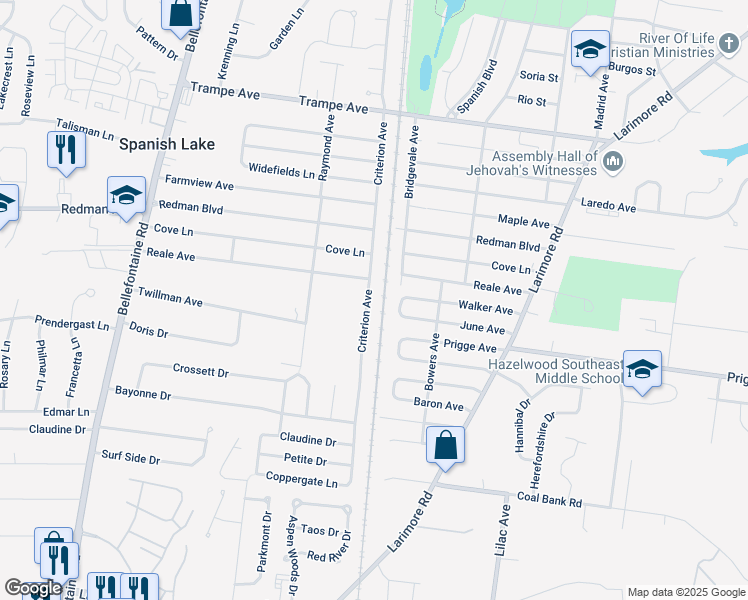 map of restaurants, bars, coffee shops, grocery stores, and more near 11726 Criterion Avenue in St. Louis