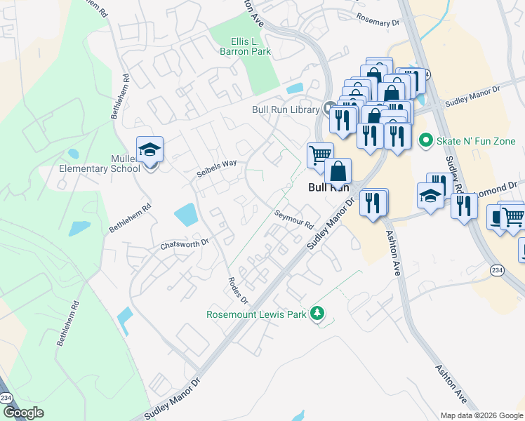 map of restaurants, bars, coffee shops, grocery stores, and more near 11001 Kinship Court in Manassas
