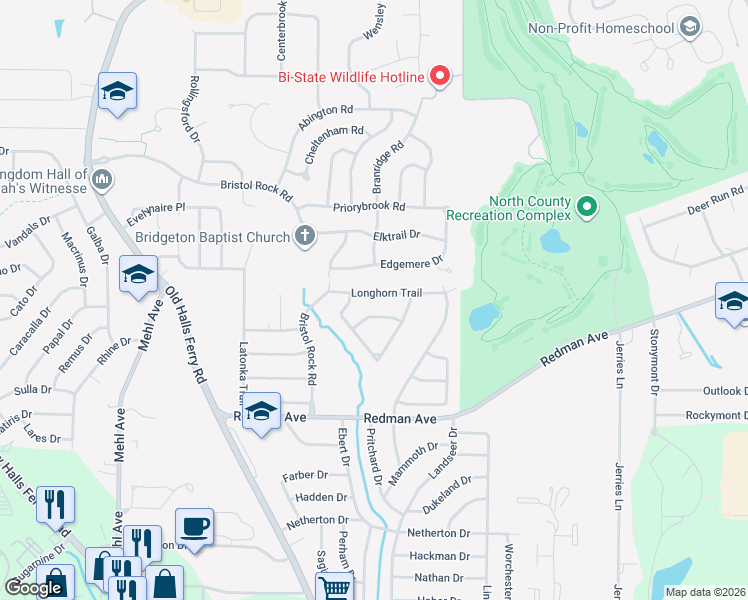 map of restaurants, bars, coffee shops, grocery stores, and more near 5158 Longhorn Trail in Florissant