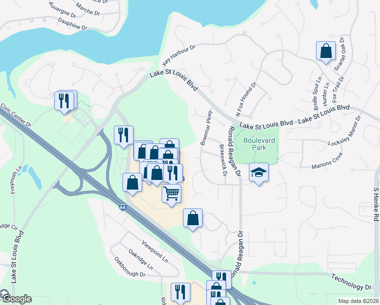 map of restaurants, bars, coffee shops, grocery stores, and more near 3 Muirkirk Court in Lake Saint Louis