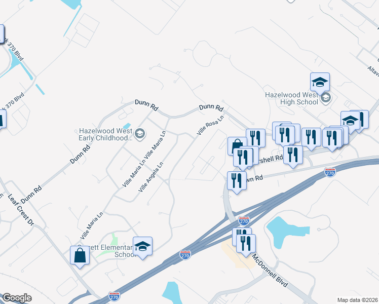 map of restaurants, bars, coffee shops, grocery stores, and more near 5369 Ville Rosa Lane in Hazelwood