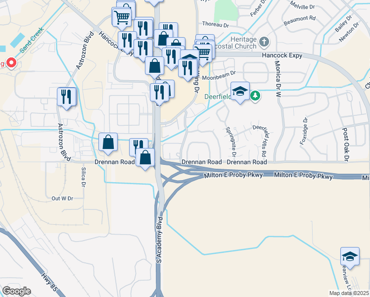 map of restaurants, bars, coffee shops, grocery stores, and more near 3830 Drennan Road in Colorado Springs