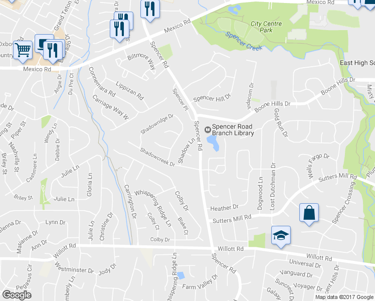 map of restaurants, bars, coffee shops, grocery stores, and more near 7 Shadowood Court in Saint Peters