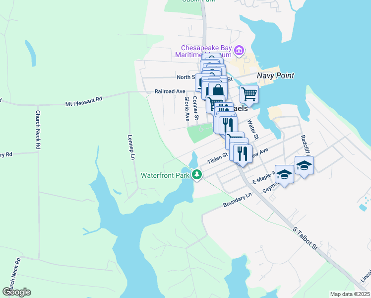 map of restaurants, bars, coffee shops, grocery stores, and more near 123 Grace Street in Saint Michaels