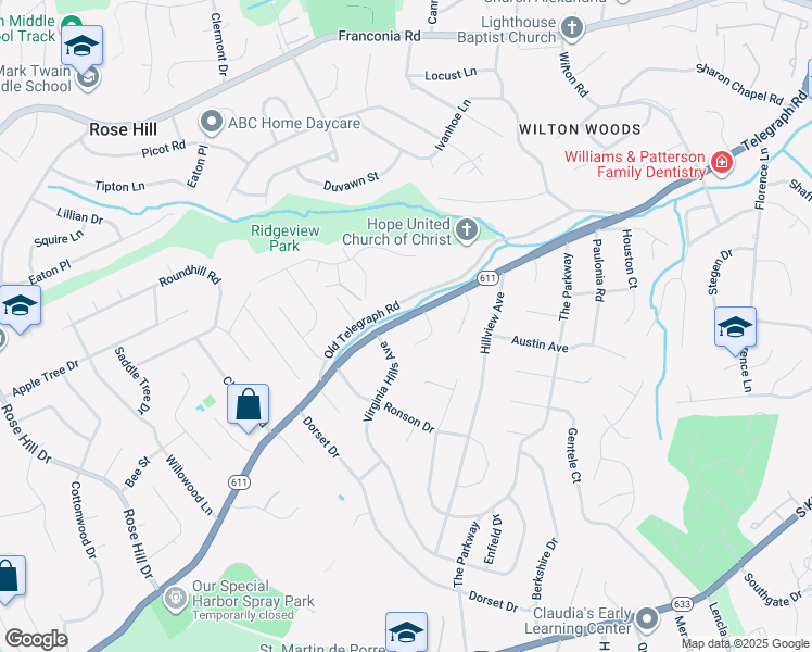 map of restaurants, bars, coffee shops, grocery stores, and more near 6205 Telegraph Road in Alexandria