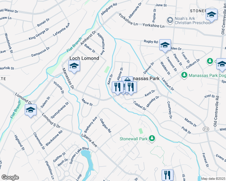 map of restaurants, bars, coffee shops, grocery stores, and more near 123 Travis Street in Manassas Park