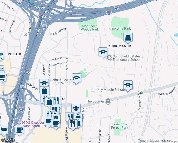 map of restaurants, bars, coffee shops, grocery stores, and more near 6501 Deepford Street in Springfield