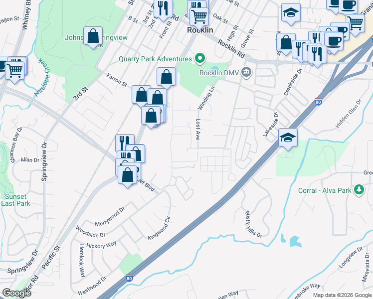 map of restaurants, bars, coffee shops, grocery stores, and more near 3955 Evelyn Avenue in Rocklin