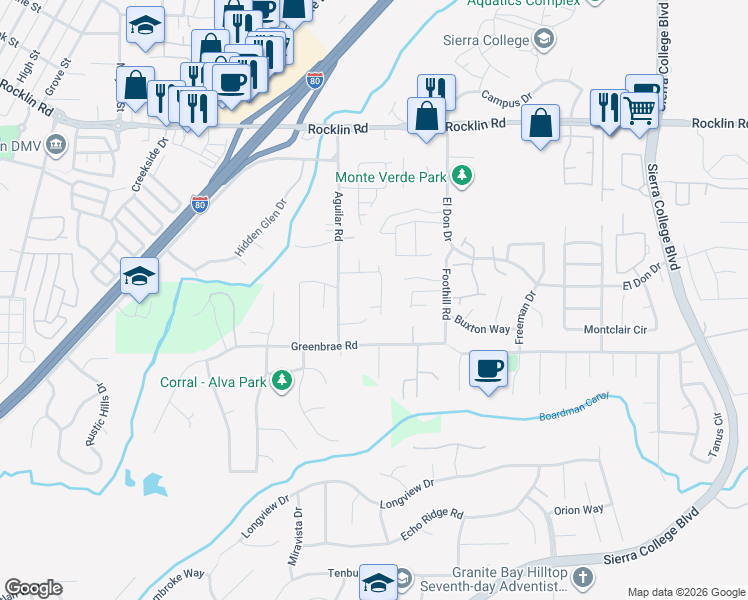 map of restaurants, bars, coffee shops, grocery stores, and more near 5710 Arrowhead Drive in Rocklin
