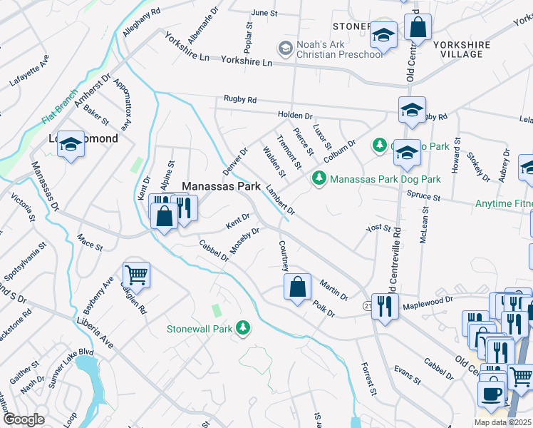 map of restaurants, bars, coffee shops, grocery stores, and more near 264 Manassas Drive in Manassas Park