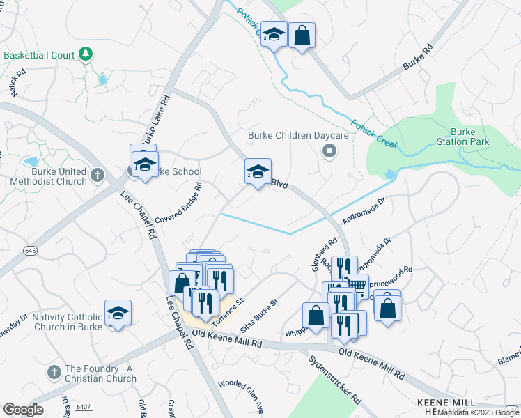 map of restaurants, bars, coffee shops, grocery stores, and more near 6130 Shiplett Boulevard in Burke