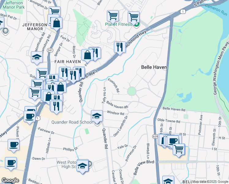 map of restaurants, bars, coffee shops, grocery stores, and more near 2202 Woodmont Road in Alexandria