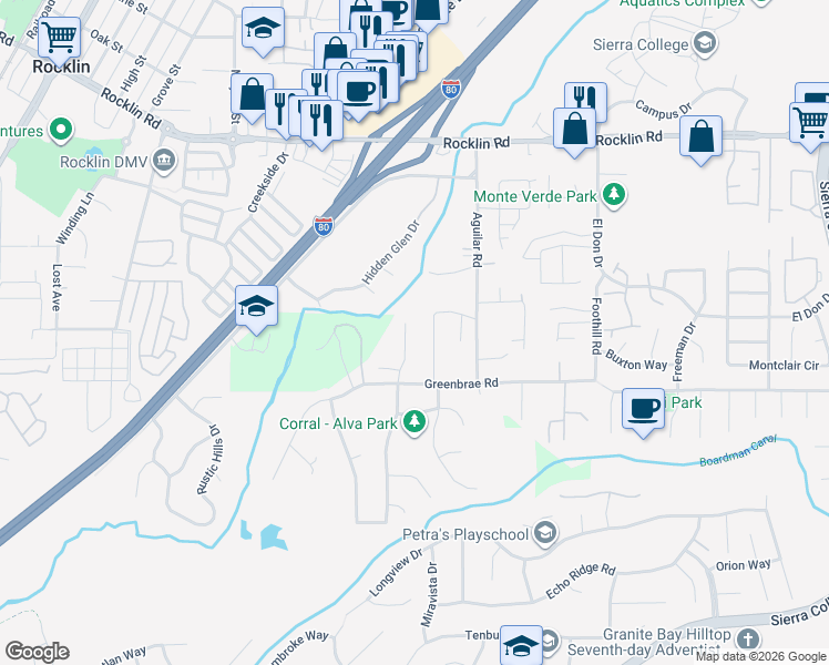 map of restaurants, bars, coffee shops, grocery stores, and more near 5880 Green Mountain Lane in Rocklin