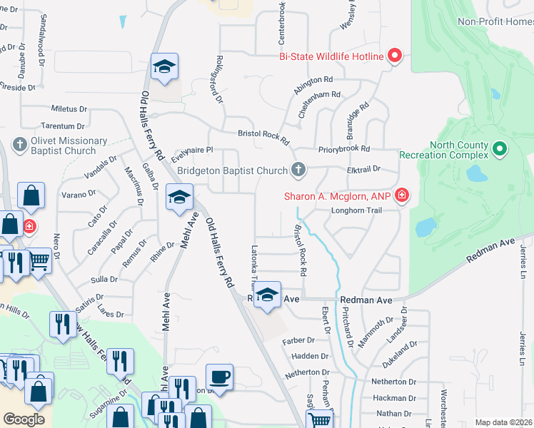 map of restaurants, bars, coffee shops, grocery stores, and more near 11470 Latonka Trail in Florissant