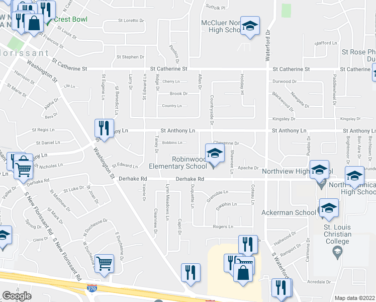 map of restaurants, bars, coffee shops, grocery stores, and more near 835 Pebble Lane in Florissant